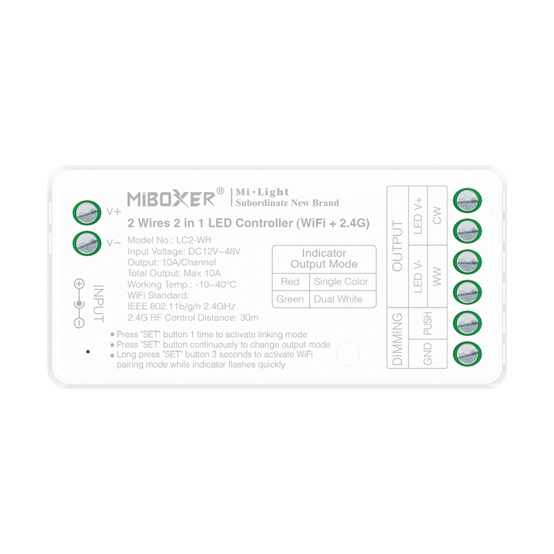 Sterownik LED MiBoxer 2w1 MONO lub CCT na 2 żyły 10A 12V-48V LC2-RF